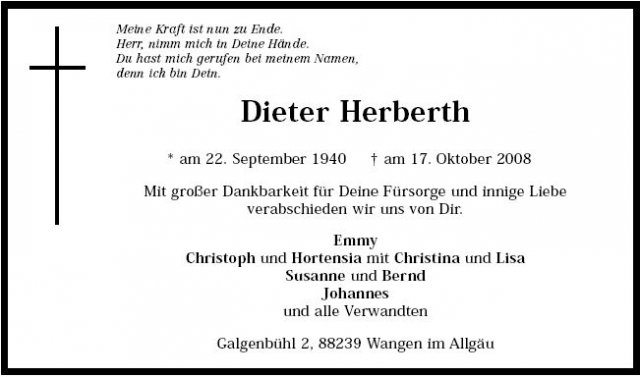 Herberth Dieter 1940-2008 Todesanzeige
